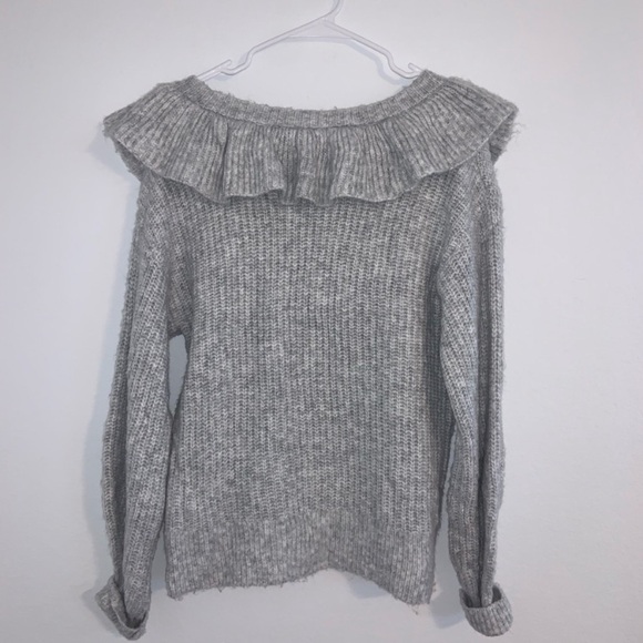 A New Day Ruffle V Neck Soft Cozy Sweater Grey - Picture 7 of 9